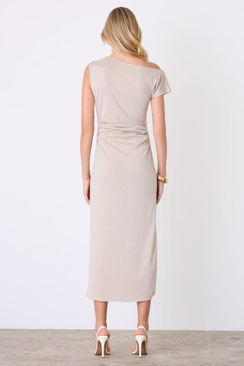 Lunar Gold Metallic Off Shoulder Midi Dress