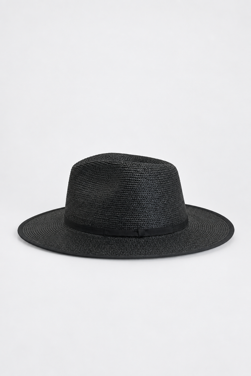 A black woven straw fedora hat with a matching black band, photographed from the side against a plain white background.