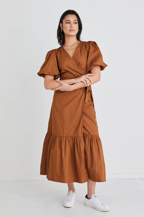 Tyde Toffee Cotton Puff Sleeve Wrap Midi Dress WW Dress Among the Brave   