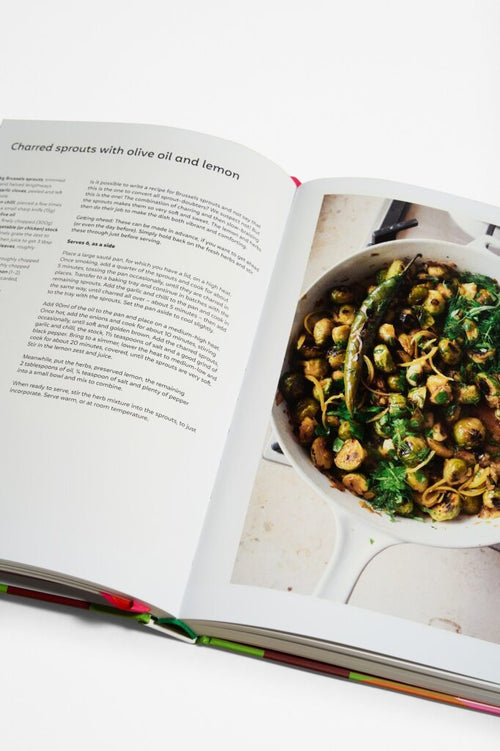 Pages with recipe and images of food from cookbook titled ' Ottolenghi Comfort'