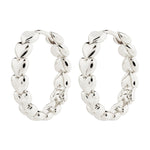 Pair of silver hoop earrings on a white background