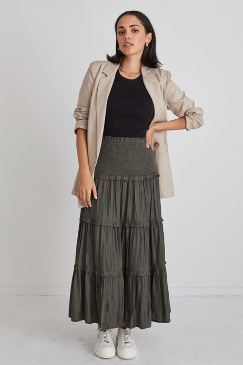 Soaring High Dark Khaki Satin Shirred Waist Tiered Midi Skirt WW Skirt Among the Brave   