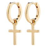 Gold hoop earrings with cross pendants on a white background