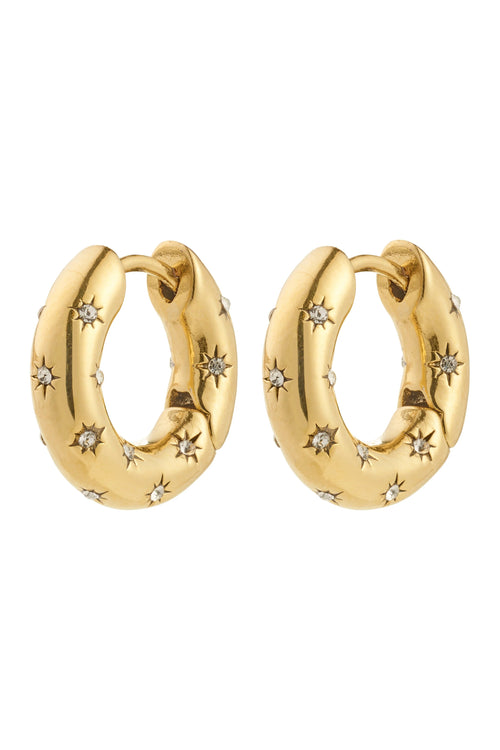 Gold hoop earrings with star and circle designs on a white background