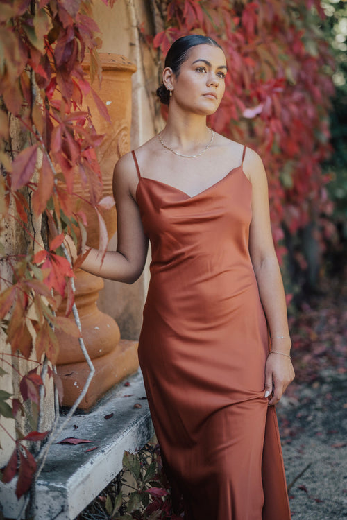 Show Stopper Copper Satin Strappy Bias Slip Dress WW Dress Among the Brave   