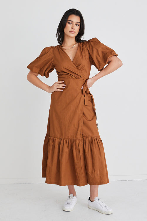 Tyde Toffee Cotton Puff Sleeve Wrap Midi Dress WW Dress Among the Brave   
