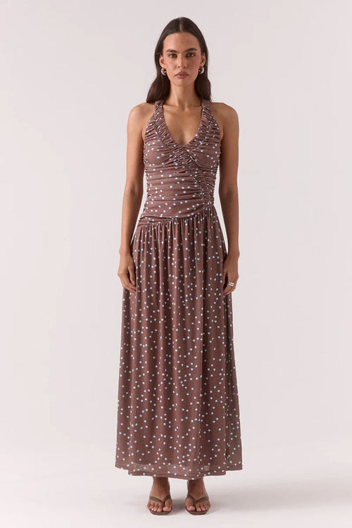 Woman wearing a brown and blue polka dot ruched maxi dress