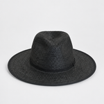 A black woven straw fedora hat with a wide brim and a matching black band, photographed against a clean white background.