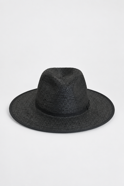 A black woven straw fedora hat with a wide brim and a matching black band, photographed against a clean white background.