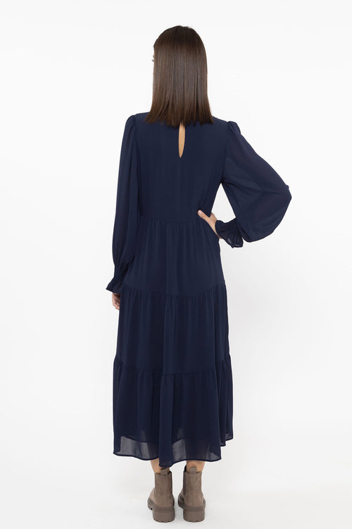 Mia Navy Chiffon Tiered Ls Maxi Dress WW Dress Seeking Lola   