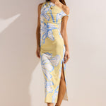 Model wears a yellow blue ruched dress