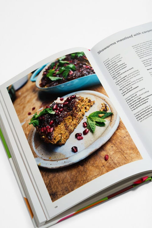 Pages with recipe and images of food from cookbook titled ' Ottolenghi Comfort'