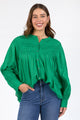 Montanna Pine Green Shirred Button Through LS Blouse