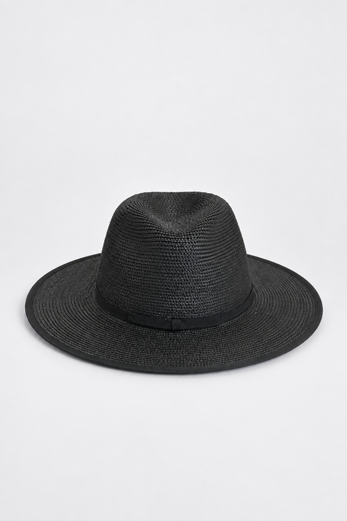 A black woven straw fedora hat with a matching black band, photographed from the front on a light gray background.