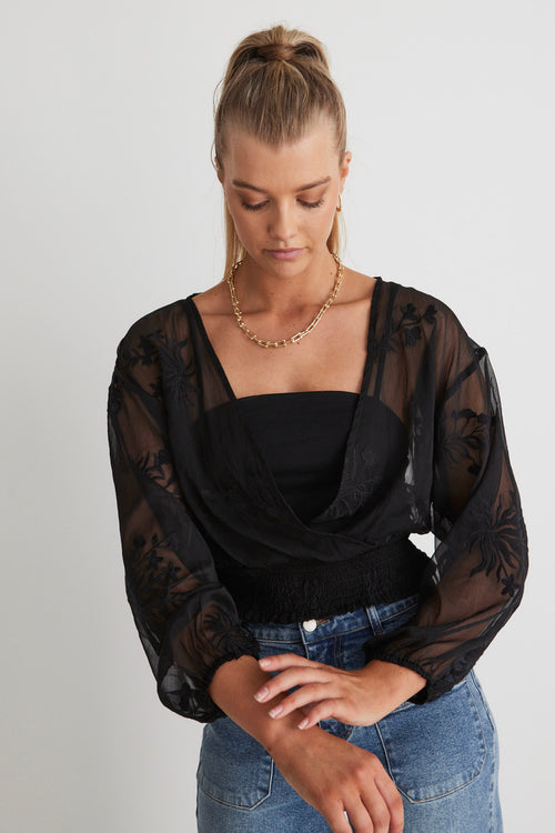 Nightfall Black Embroidered Sheer Cropped Ls top WW Top Ivy + Jack   