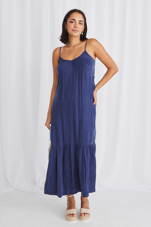 All Day Blue Cupro Strappy Tiered Empire Midi Dress WW Dress Stories be Told   