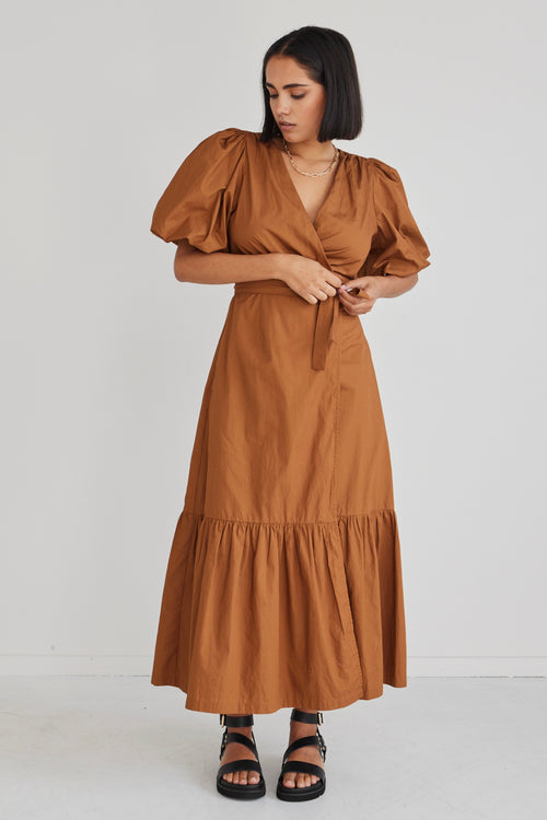 Tyde Toffee Cotton Puff Sleeve Wrap Midi Dress WW Dress Among the Brave   
