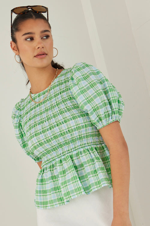 Beholden Blue Green Check Shirred Bodice SS Top WW Top Ivy + Jack   