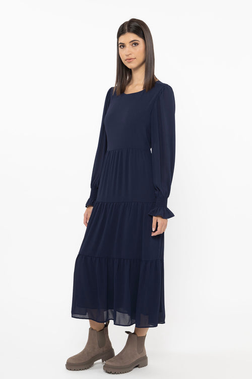 Mia Navy Chiffon Tiered Ls Maxi Dress WW Dress Seeking Lola   