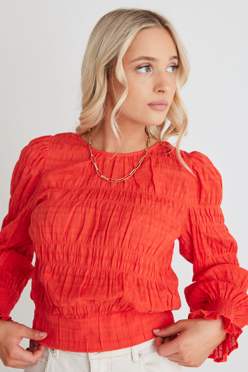 Grace Blood Orange Shirred Cotton Tie Back Ls Top WW Top Ivy + Jack   