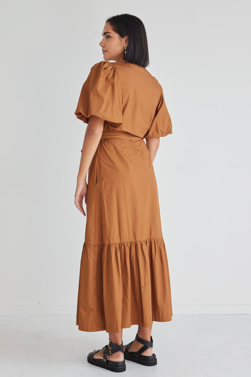 Tyde Toffee Cotton Puff Sleeve Wrap Midi Dress WW Dress Among the Brave   