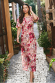 Exquisite Painted Rose Puff Sleeve Midi Dress