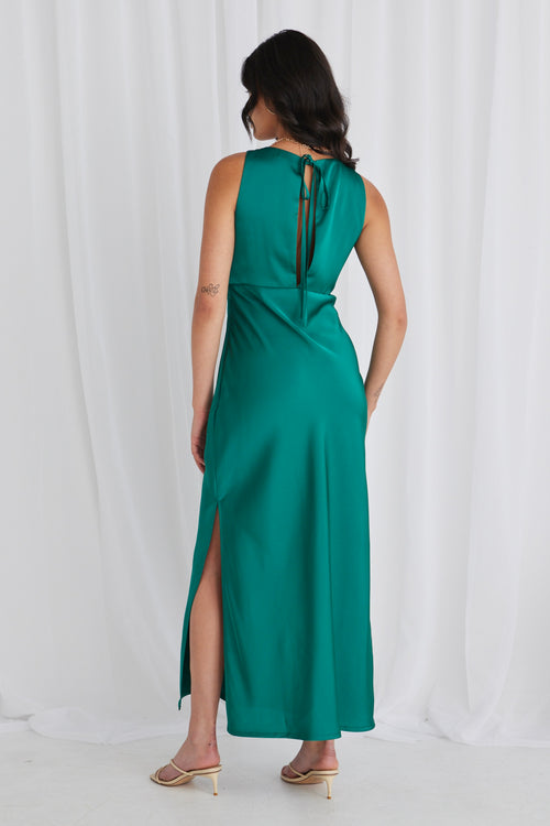 Mable Ocean Green Satin Sleeveless Empire Tie Back Maxi Dress WW Dress Among the Brave   