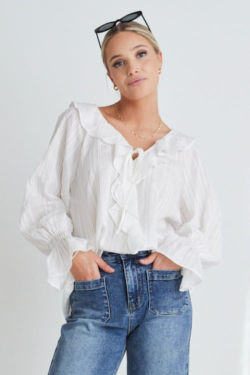 Objective White Self Stripe Ruffle Front Ls Top WW Top Ivy + Jack   