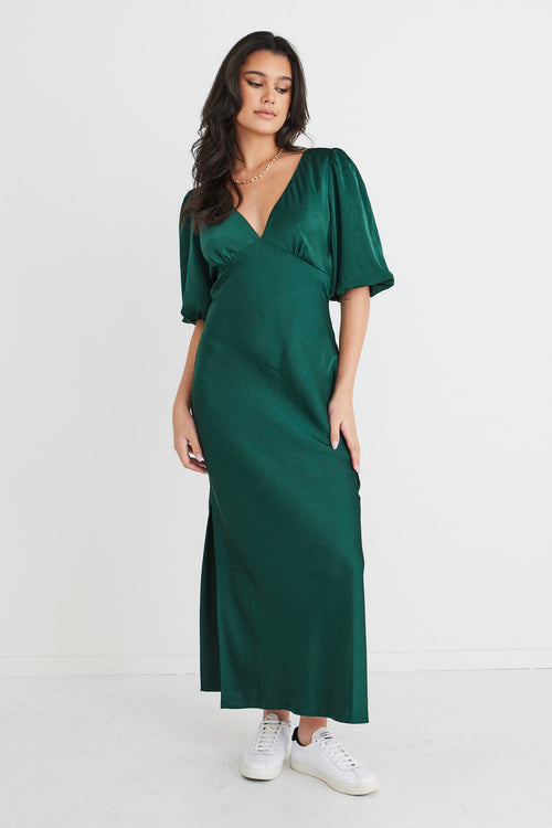 Aura Forest Satin Puff Sleeve Bias Midi Dress WW Dress Among the Brave   