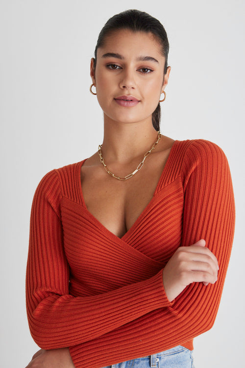 Criss-Cross Orange Wrap Rib Knit Top WW Top Georgia Mae   