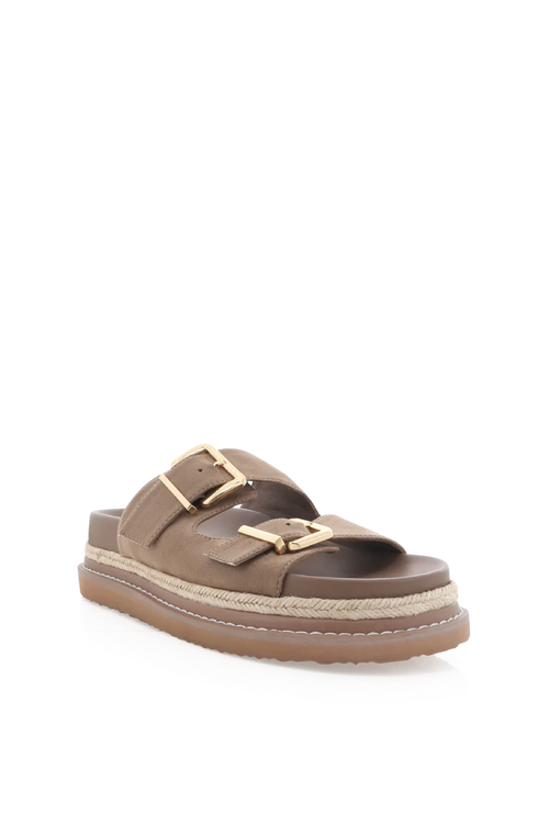brown womens sandal with gold detail