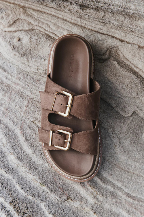 brown womens sandal with gold detail