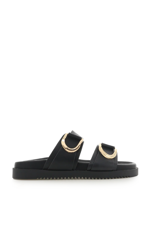 black sandal with gold detailing