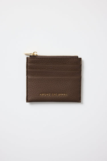 Brown leather cardholder with gold zipper on a white background