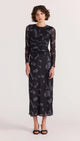 Aura Black Abstract Mesh LS Midi Dress