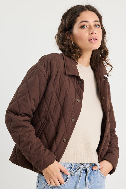 Woman wearing a brown quilted jacket, beige shirt, and blue jeans on a white background