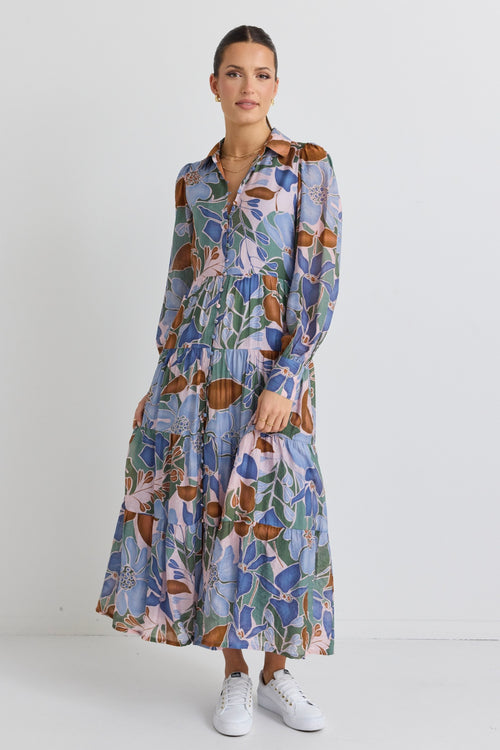 model wears Khaki Floral Long Sleeve Maxi Dress