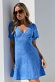 Adelaide Blue Linen Puff Sleeve Panelled Mini Dress