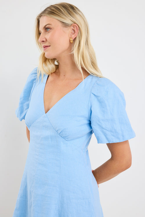 Model wears a short sleeve light blue mini dress