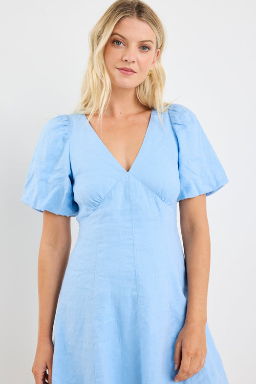 Model wears a short sleeve light blue mini dress