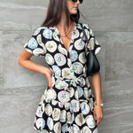 Adored Black Holiday Print Short Sleeve Button Front Mini Dress