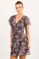 Adorned Chocolate Paisley Georgette Flutter Sleeve Mini Dress