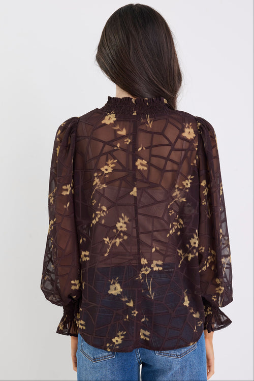 Person wearing a sheer floral blouse with long sleeves and blue jeans on a white background
col_pattern