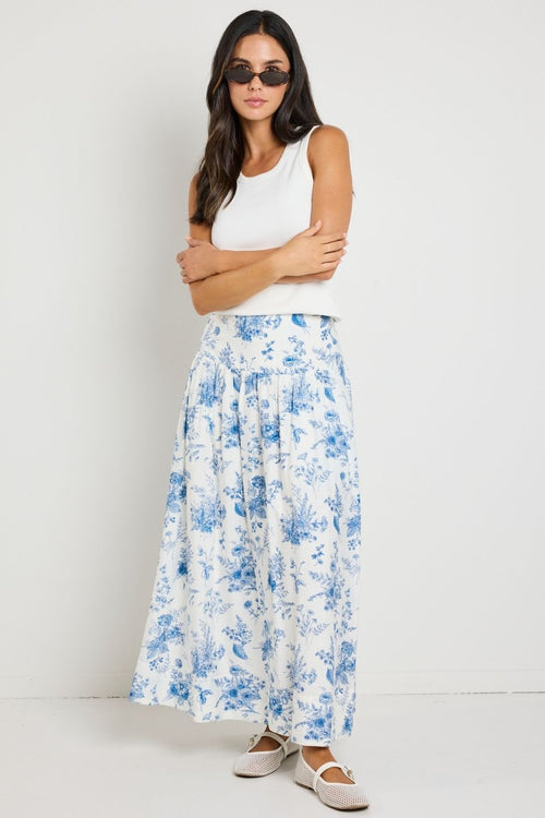 model wears Blue & White Maxi Skirt