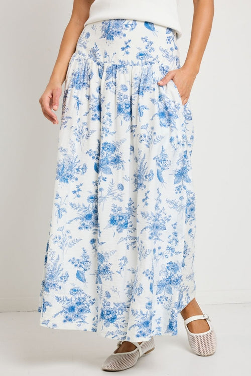 model wears Blue & White Maxi Skirt