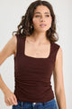 Affirmation Chocolate Ruched Square Neck Sleeveless Top