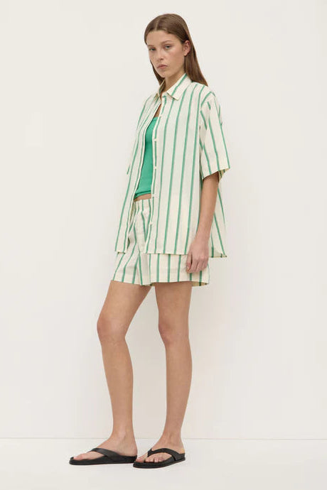 Woman wearing a Agnes Stripe Short Sleeve Shirt