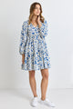 Airy Blue FlowerLS V Neck Mini Dress