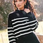 model wears a black stripe knit