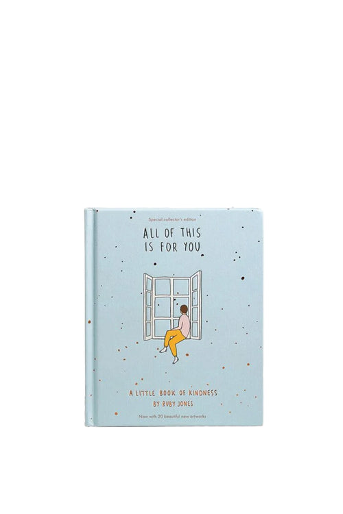 Book titled 'All of This is For You' with a illustration of a person opening a window on a light blue background.